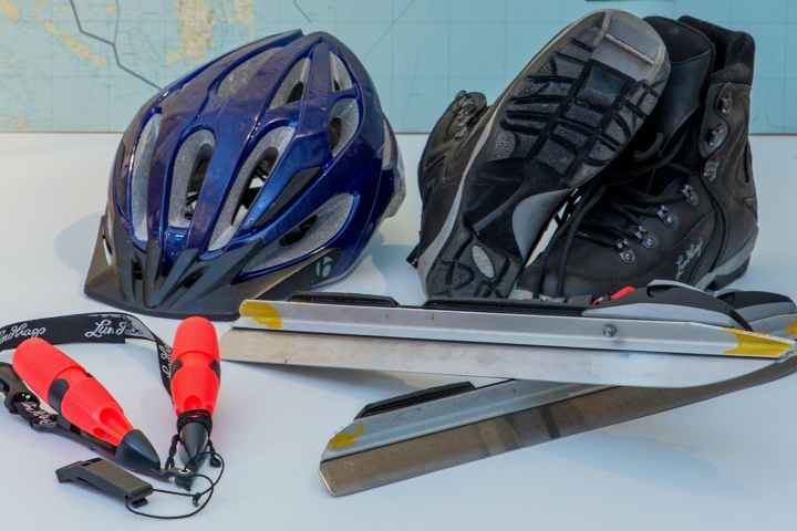 ice skating equipment: helmet, ice skates, ice claws