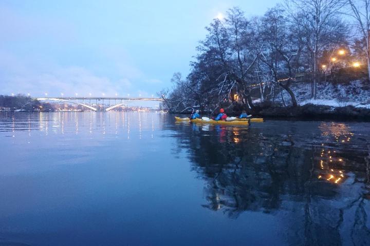 kayak during sunset in Stockholm winter