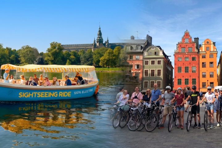 Tourists on a sightseeing boat and group with bicycles by colorful buildings on a sunny day.