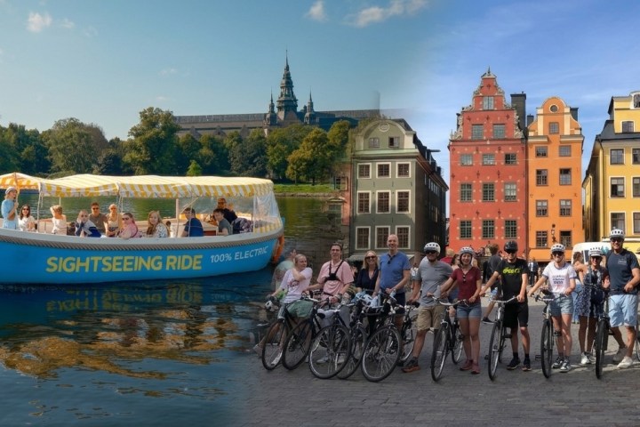 Tourists enjoy a boat ride and cycle group in a vibrant European city.